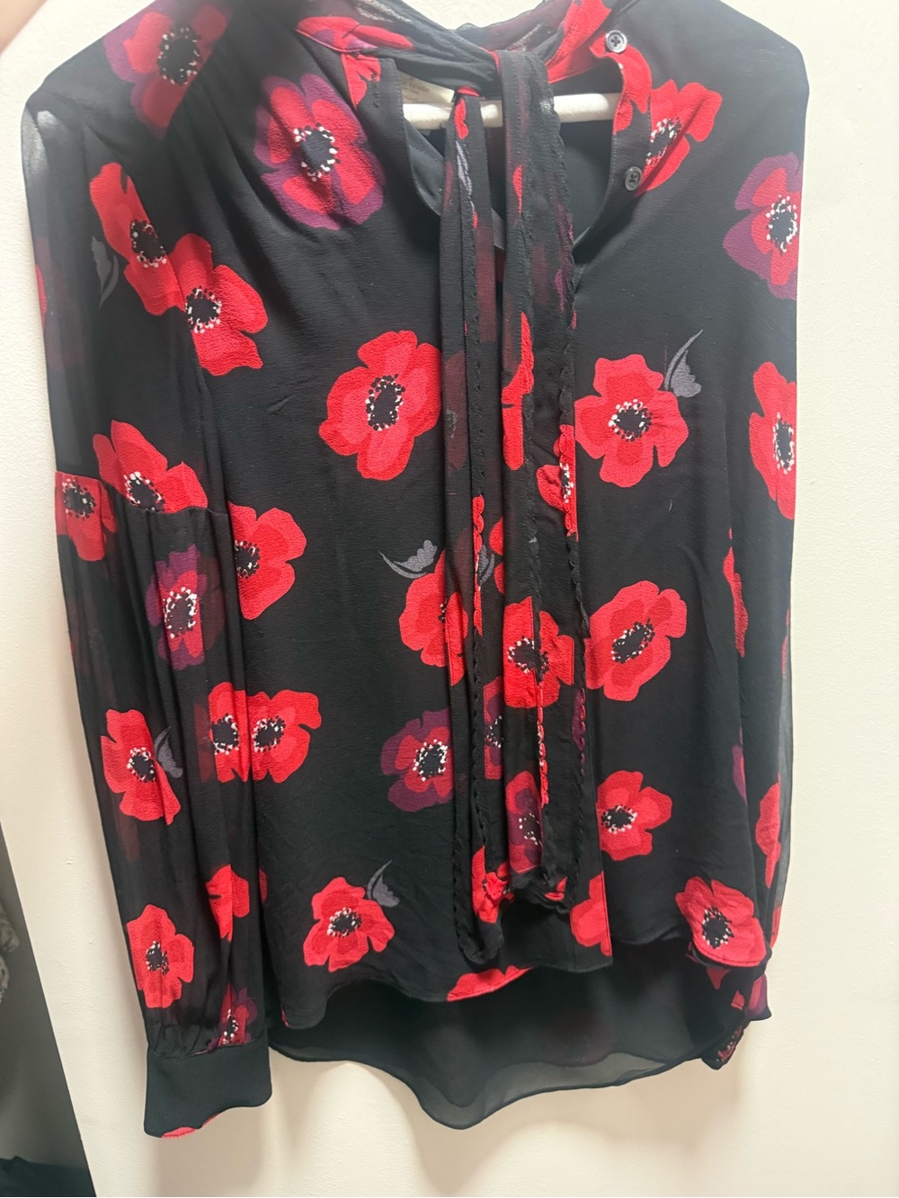kate spade Black Floral Tie-Neck Blouse with Red Poppy Print